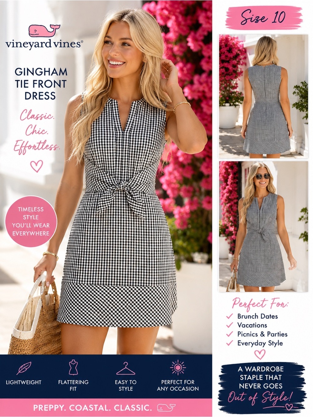 Vineyard Vines Black and White Gingham Tie-Front Mini Dress
